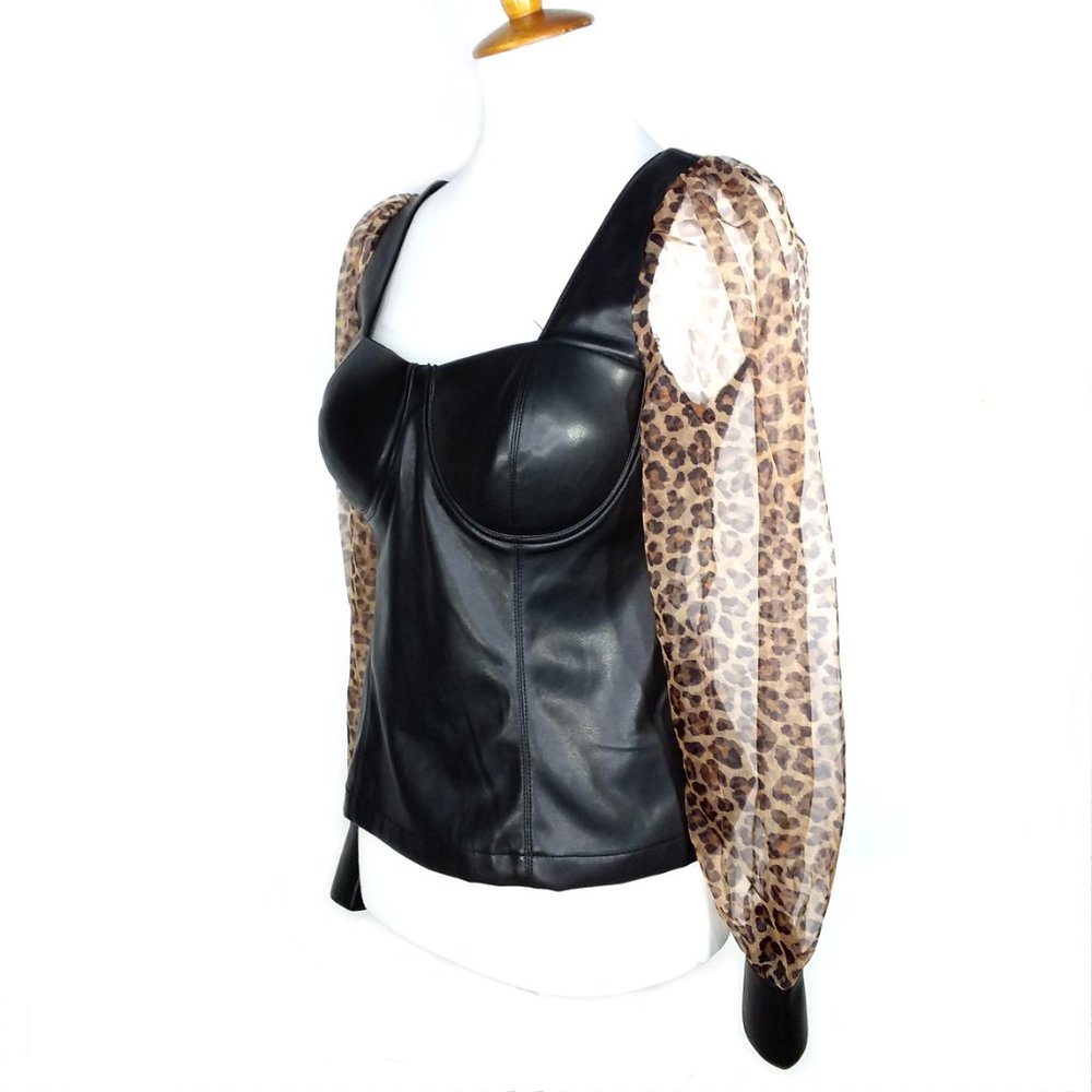 NEW Andrew Marc New York Faux Leather Bustier Top Cheetah Sleeves Size Small - Picture 4 of 6